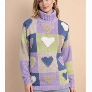 Vintage Hand knit Colorful Heart Pattern Turtleneck Sweater size medium